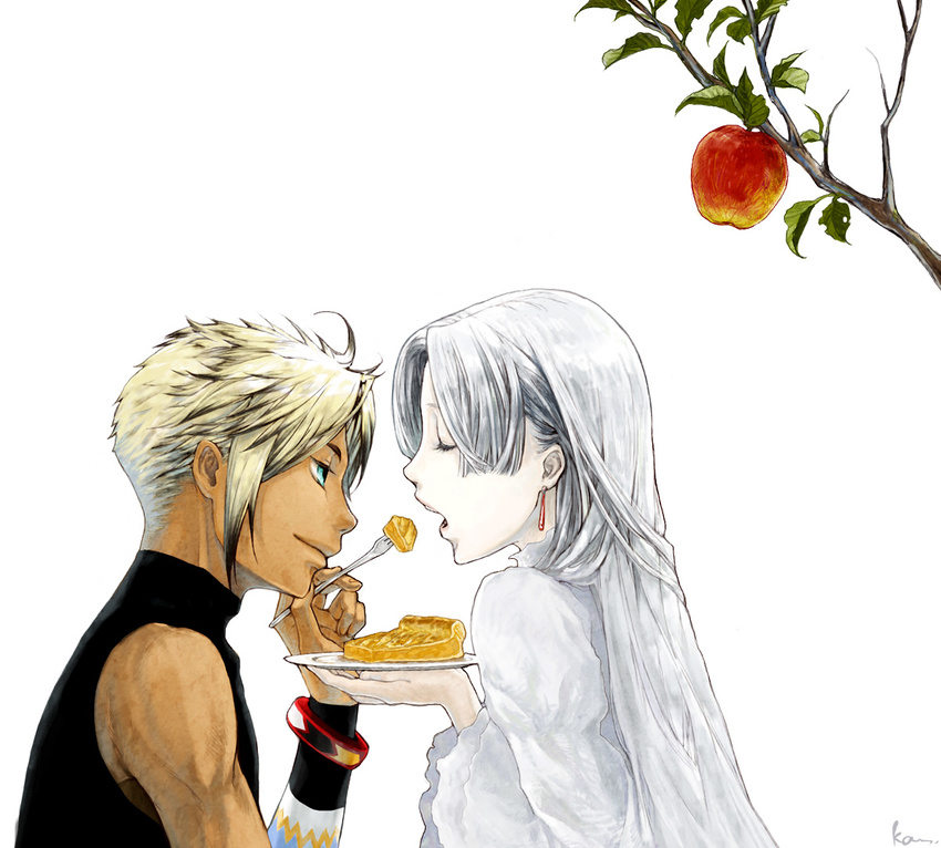 1girl apple aqua_eyes bad_id bad_pixiv_id bangle bangs blonde_hair blue_eyes bracelet branch chris_lightfellow closed_eyes closed_mouth couple dark_skin dark_skinned_male earrings eating feeding food fork fruit gensou_suikoden gensou_suikoden_iii hair_down half-closed_eyes hetero holding holding_fork holding_plate hugo_(suikoden_iii) jewelry katsura_(+araka) long_hair long_sleeves looking_at_another multicolored_hair open_mouth pale_skin parted_bangs pie plate profile silver_hair simple_background sleeveless smile streaked_hair turtleneck upper_body white_background white_hair wide_sleeves