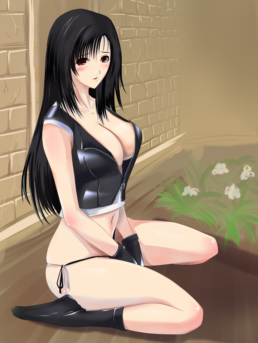 between_legs between_thighs bizen_dorobune black_hair blush breasts brick brown_eyes cleavage downblouse final_fantasy final_fantasy_vii final_fantasy_vii_advent_children floor flower gloves hand_between_legs highres huge_breasts long_hair navel no_pants panties scrawl side-tie_panties sitting skindentation socks solo tifa_lockhart underwear unzipped v_arms wariza