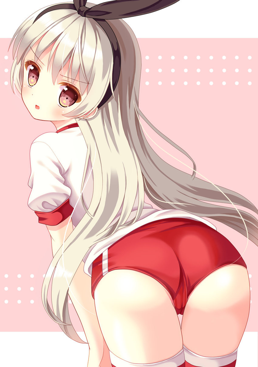 :o alternate_costume ass bent_over brown_eyes buruma from_behind gym_uniform hairband hazakura_satsuki highres kantai_collection long_hair looking_at_viewer looking_back shimakaze_(kantai_collection) silver_hair solo v-shaped_eyebrows