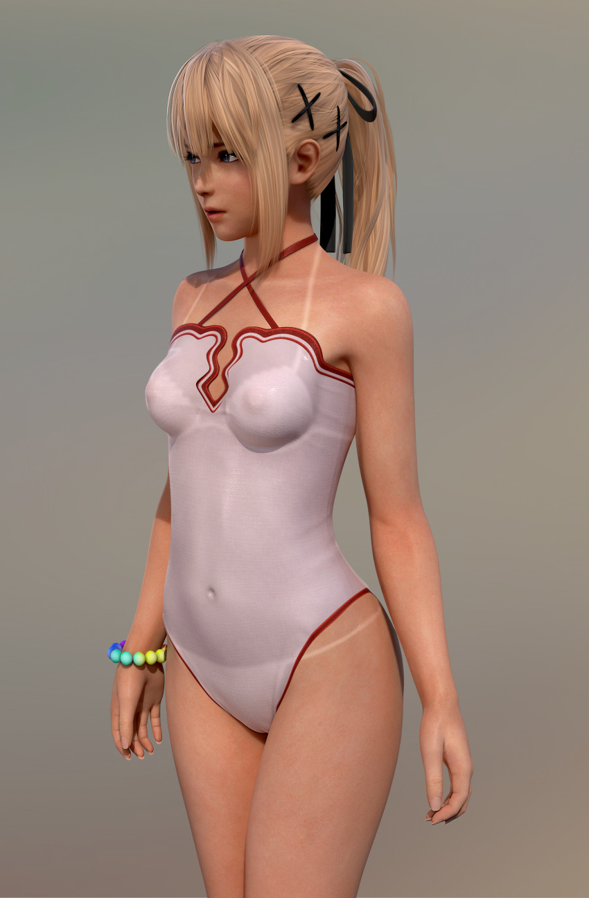 1girl 3d blonde_hair blue_eyes breasts cowboy_shot dead_or_alive female hips jewelry lips long_hair looking_to_the_side marie_rose one-piece_swimsuit petite ponytail radianteld see-through solo standing swimsuit tan tanline thighs tied_hair wet white_swimsuit xps