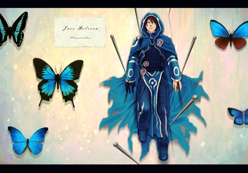 bad_id bad_pixiv_id blood blue_eyes brown_hair bug butterfly cape cloak highres hood hooded_cloak insect jace_beleren magic:_the_gathering male_focus nostrils nuuun open_eyes pin pinned solo