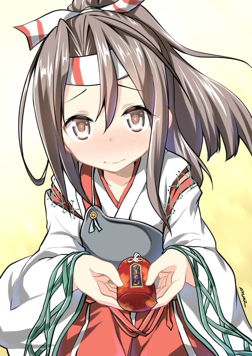 absurdres blush brown_eyes brown_hair commentary_request gradient gradient_background hachimaki hakama_pants headband high_ponytail highres japanese_clothes kantai_collection looking_at_viewer muneate omamori ryuki_(ryukisukune) solo zuihou_(kantai_collection)