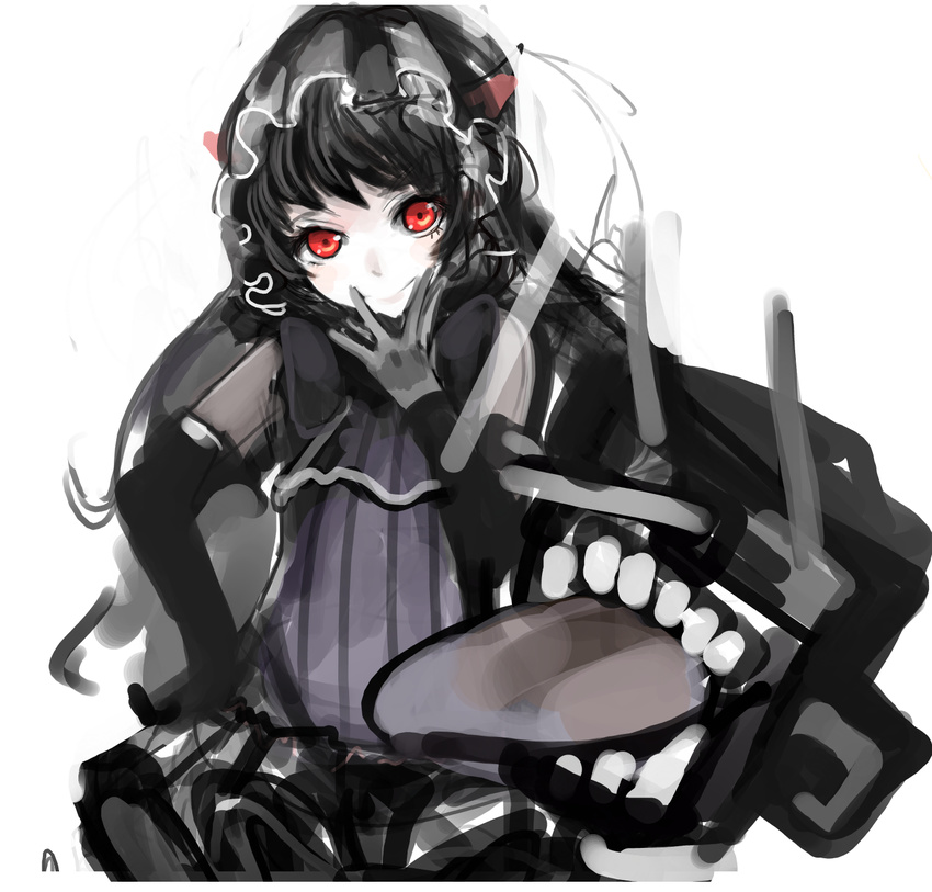 black_hair bonnet broche_(timpet) frills gothic_lolita highres isolated_island_oni kantai_collection lolita_fashion long_hair red_eyes shinkaisei-kan simple_background sketch smile solo turret white_background white_skin