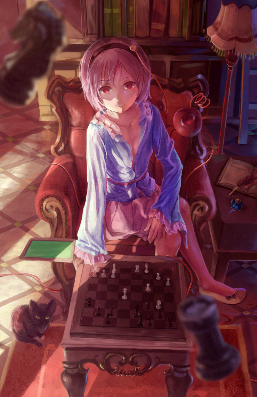 bangs board_game bookshelf bottle breasts cat chair chess chess_piece chessboard cleavage collarbone defeat downblouse eyeball hairband heart highres ink_bottle komeiji_satori lamp long_sleeves looking_at_viewer notebook open_clothes open_shirt pink_eyes pink_hair pupil_g shadow shirt short_hair skirt small_breasts smile solo table third_eye tile_floor tiles touhou wide_sleeves