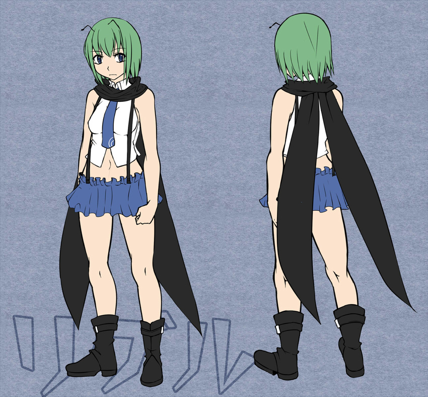 alternate_costume antennae aoshima bare_shoulders between_breasts blue_eyes boots breasts cape contemporary green_hair highres midriff necktie necktie_between_breasts short_hair skirt solo suspenders team_9 touhou wriggle_nightbug