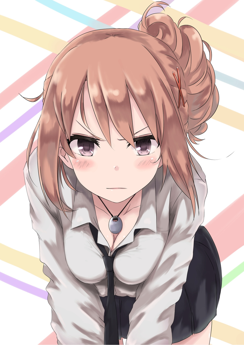 :| angry blush breasts brown_hair cleavage closed_mouth hair_ornament hairclip highres jewelry looking_at_viewer medium_breasts necklace necktie original pink_eyes ponytail rucchiifu school_uniform shirt skirt solo uniform v-shaped_eyebrows