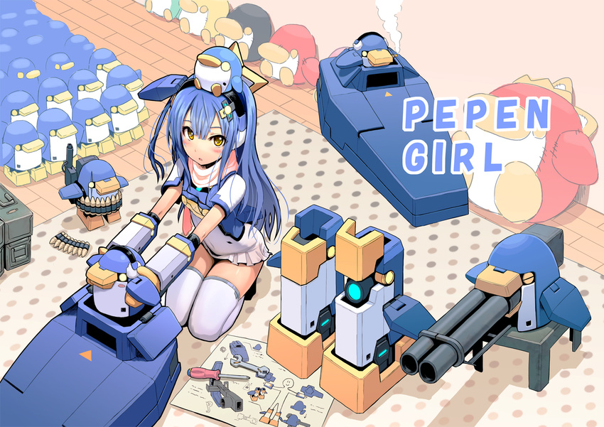 armor blue_hair blueprint boots boots_removed bullet cannon cigarette cosmic_break dress earmuffs gun hair_ornament highres long_hair looking_at_viewer machinery mascot mecha open_mouth pepen pepen_girl polka_dot polka_dot_background robot room scar scarf screwdriver seiza side_ponytail simple_background sitting sitting_on_head sitting_on_person smoke smoking stuffed_toy thighhighs toy turret weapon white_legwear wooden_floor wrench yellow_eyes zettai_ryouiki