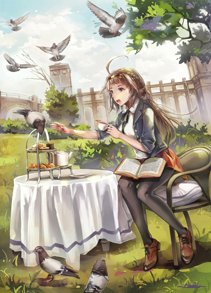 alternate_costume altoris_(scee) artist_name bird black_legwear blue_eyes blush book breasts bridge brown_hair building chair clock clock_tower cloud cup day double_bun grass hair_ornament hairband headgear highres jacket kantai_collection kongou_(kantai_collection) long_hair medium_breasts neckerchief necktie open_mouth outdoors pantyhose pastry pigeon plate revision school_uniform shoes sitting skirt sky solo table tablecloth teacup teapot tiered_tray tower tree