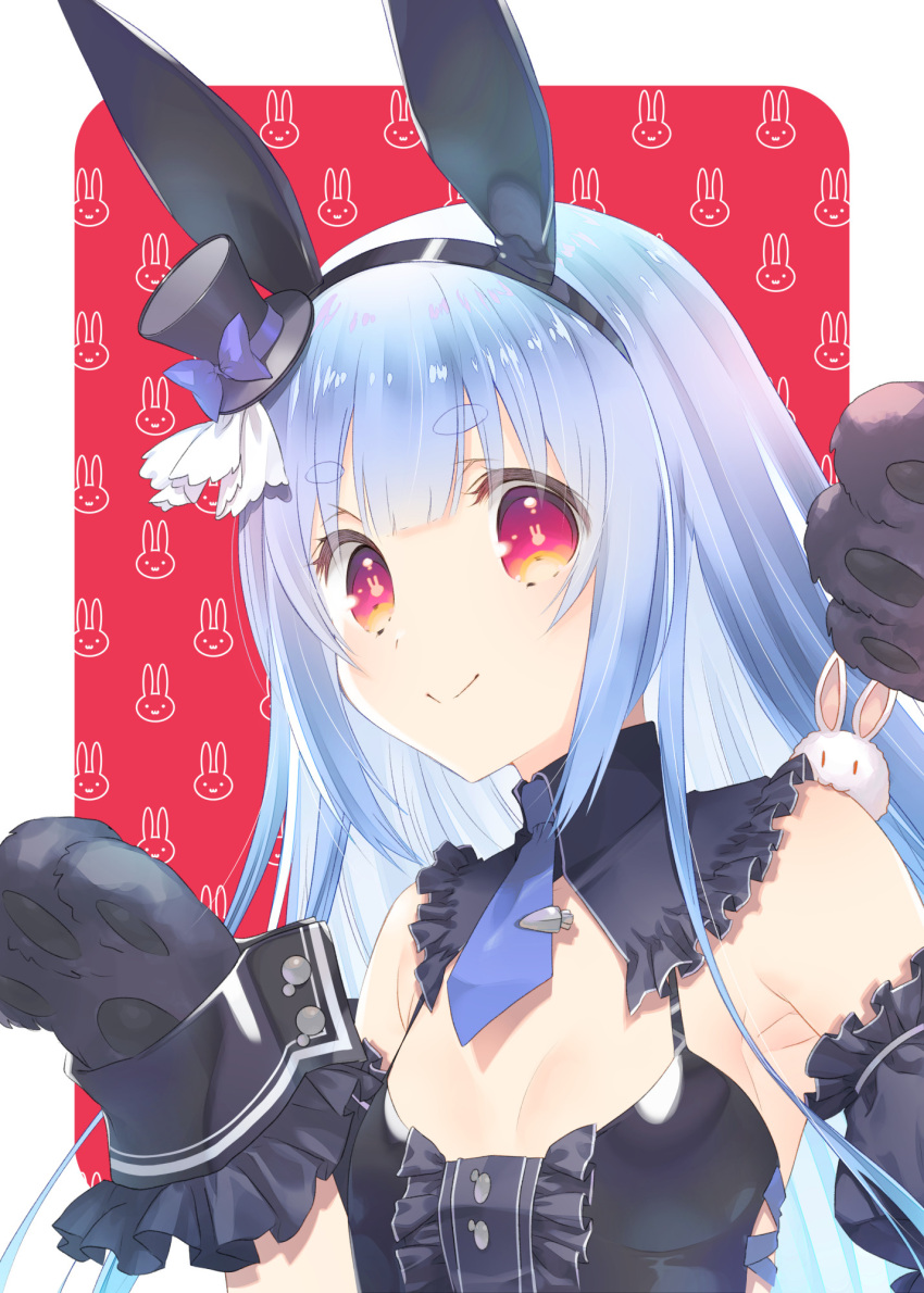 animal_ears animal_hands armpits black_dress blue_hair breasts cleavage closed_mouth don-chan_(usada_pekora) dress hands_up hat highres hololive light_blue_hair long_hair looking_at_viewer mini_hat mini_top_hat mitsumi_misato necktie rabbit-shaped_pupils rabbit_ears red_eyes sleeveless sleeveless_dress small_breasts smile symbol-shaped_pupils top_hat usada_pekora usada_pekora_(furi_furi_bunny_dress) wrist_cuffs