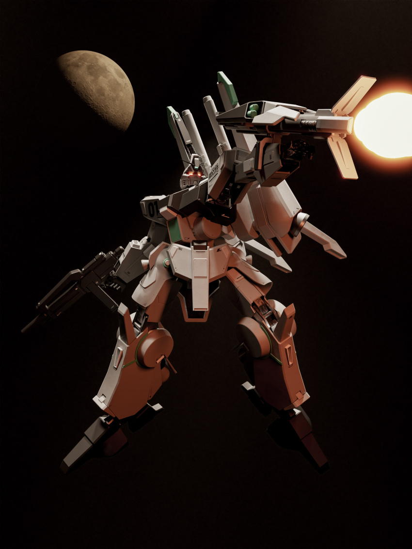 3d absurdres arm_cannon battle blender_(medium) energy_cannon english_commentary firing glowing glowing_eyes gundam highres machinery mecha mjeff mobile_suit moon no_humans robot science_fiction shield silver_bullet_(mobile_suit) space weapon zero_gravity