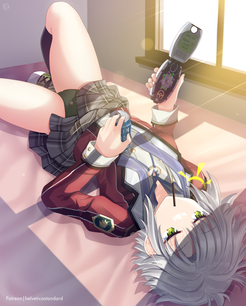 +++ 1girl artist_name black_socks cameltoe can clothes_lift commentary_request day eiyuu_densetsu english_text feet_out_of_frame fie_claussell food food_in_mouth green_eyes green_panties grey_hair grey_skirt helvetica_std highres holding holding_can holding_phone indoors jacket jitome knee_up kneehighs looking_at_phone lying miniskirt on_back open_clothes open_jacket painttool_sai_(medium) panties phone plaid plaid_skirt pocky pocky_in_mouth red_jacket relaxing school_uniform sen_no_kiseki shirt shoes short_hair skirt skirt_lift sneakers socks spiked_hair star_(symbol) star_print sunlight thighs thors_military_academy_class_vii_uniform underwear white_shirt window_shade