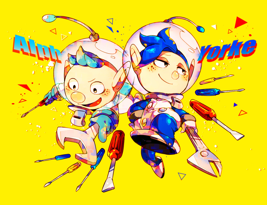 2boys alph_(pikmin) asymmetrical_hair backpack bag big_nose black_eyes blue_bag blue_gloves blue_hair blue_pants blue_sleeves buttons character_name closed_mouth commentary_request cousins earrings freckles full_body gauge gloves hand_on_own_hip helmet holding holding_wrench jewelry light_blush long_sleeves male_focus multiple_boys open_mouth outstretched_arms pants petals pikmin_(series) radio_antenna raised_eyebrow screwdriver shirushiki shoes short_hair smirk space_helmet spacesuit tools triangle_earrings v-shaped_eyebrows very_short_hair whistle white_footwear white_gloves wrench yellow_background yorke_(pikmin)