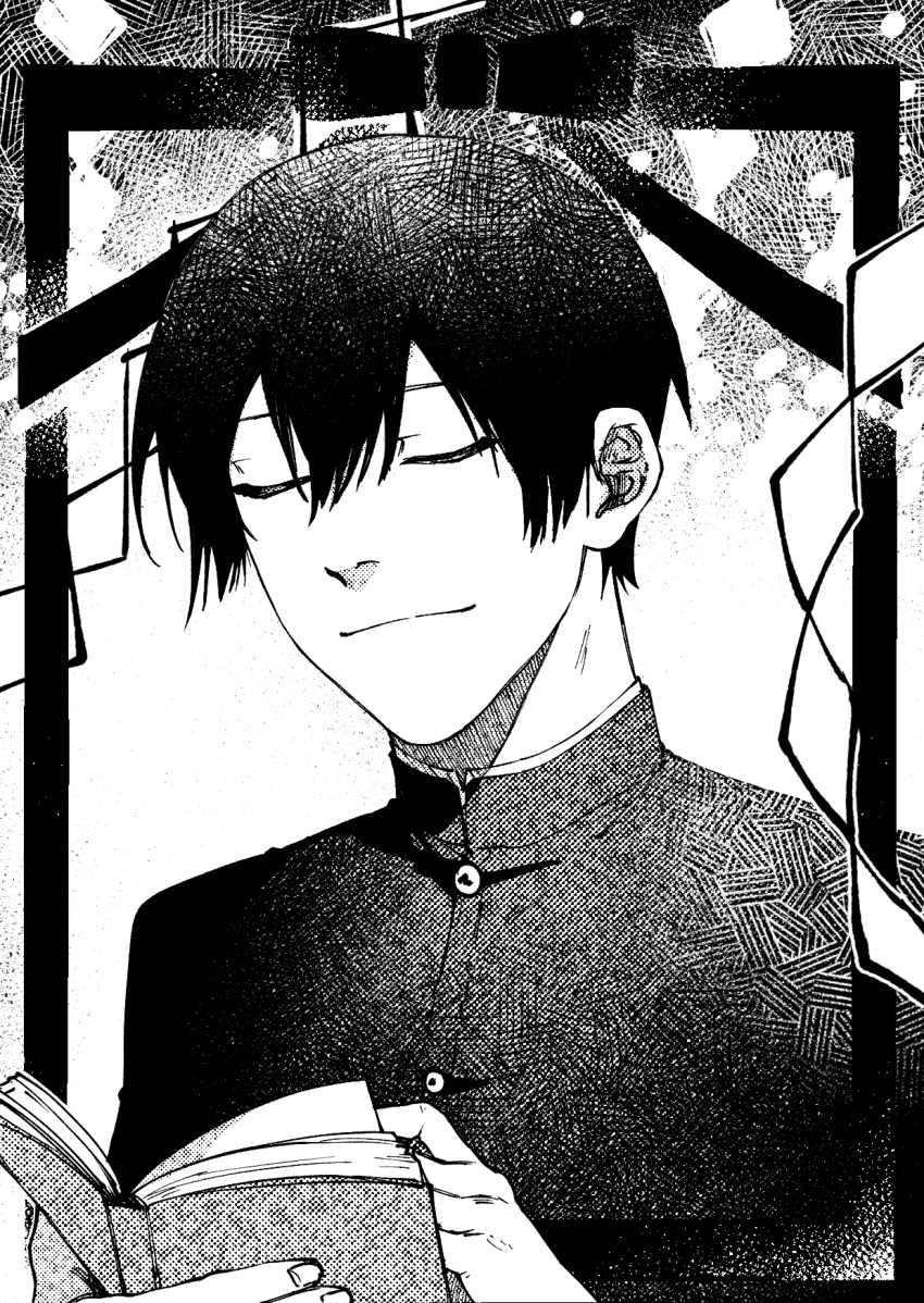 1boy black_hair book closed_eyes closed_mouth gakuran greyscale hair_between_eyes highres holding holding_book iei koshotengai_no_hashihime male_focus minakami_(koshotengai_no_hashihime) monochrome reading school_uniform short_hair shrount simple_background smile solo turning_page white_background