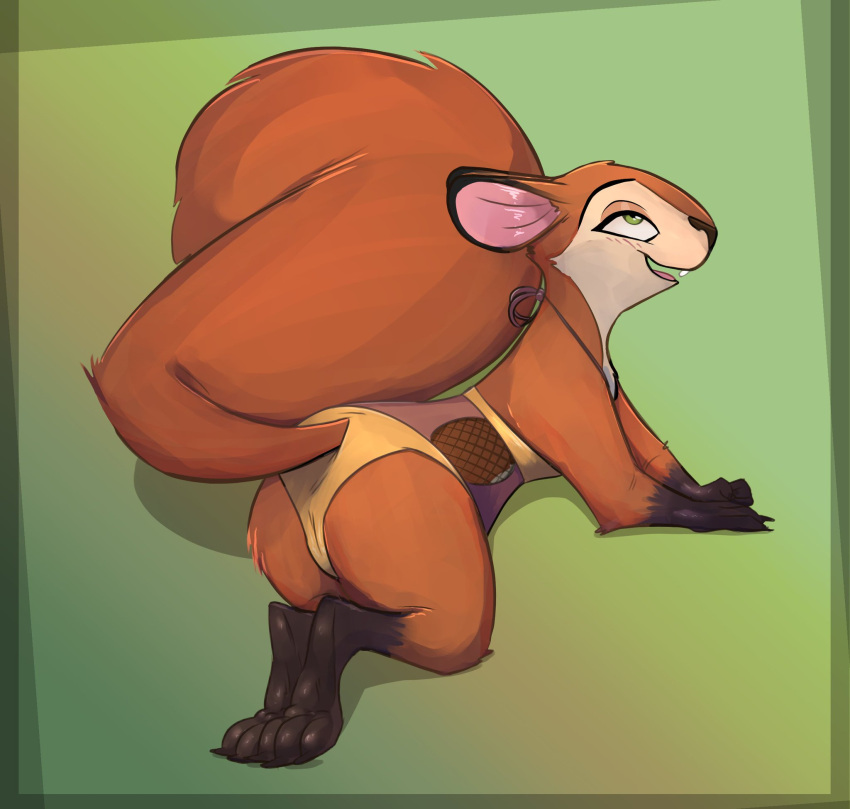 andie blush blush_lines clothing female feral green_background green_eyes hi_res honeymono looking_up lying mammal open_mouth rasied_tail rodent sciurid simple_background solo swimwear the_nut_job tree_squirrel