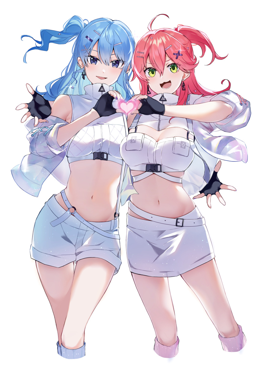 2girls absurdres ahoge aya02ka black_gloves blue_eyes blue_hair blue_socks breasts bridal_garter cleavage_cutout clothing_cutout crop_top cropped_jacket cropped_legs earrings fingerless_gloves gloves green_eyes hair_between_eyes hair_ornament hairclip heart heart_hands heart_hands_duo high_collar highres hololive hoshimachi_suisei jacket jewelry large_breasts long_hair looking_at_viewer midriff multiple_girls official_alternate_costume one_side_up open_mouth pink_socks sakura_miko see-through see-through_jacket shorts side-by-side simple_background skirt sleeveless sleeveless_jacket small_breasts socks transparent_background triangle_earrings turtleneck turtleneck_jacket unfinished upper_body v-shaped_eyebrows virtual_youtuber white_jacket white_shorts white_skirt x_hair_ornament