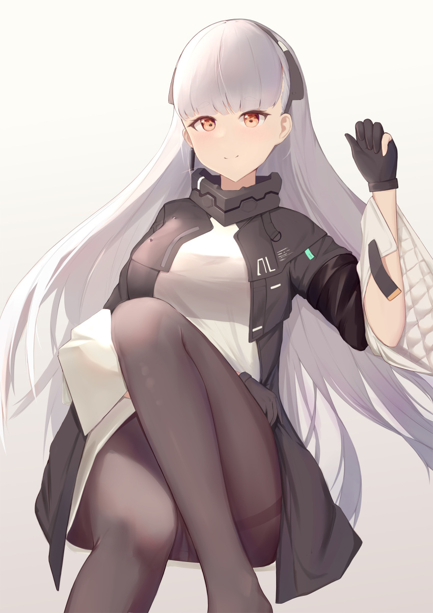 1girl ak-alfa_(girls'_frontline) black_jacket dress earrings girls'_frontline gloves headgear highres hitori_yui jacket jewelry long_hair long_sleeves open_clothes open_jacket orange_eyes pantyhose partially_fingerless_gloves see-through see-through_dress single_earring white_hair wide_sleeves