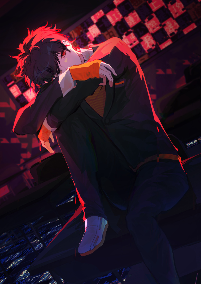 1boy absurdres ai_the_somnium_files:_nirvana_initiative cones_(c0_nes) crossed_arms highres knee_up long_sleeves male_focus red_eyes ryuki_kuruto short_hair sitting solo white_footwear