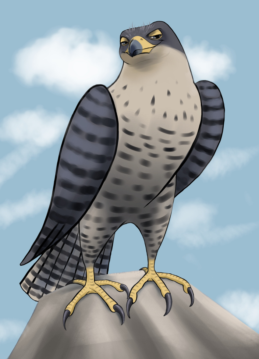 4_toes anisodactyl avian avian_feet beak bird claws cloud digital_media_(artwork) evil_grin falcon falconid feathered_wings feathers feet feral full-length_portrait hi_res lidded_eyes male peregrine_falcon portrait sallylla simple_background sky smile smug_grin solo standing stuart_little_(film) tail_feathers talons toe_claws toes wings