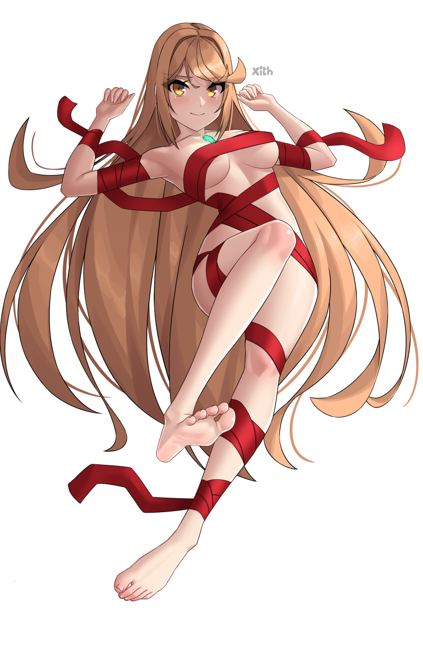 1girl absurdres armpits arms_up artist_name barefoot blush breasts brown_eyes brown_hair chest_jewel closed_mouth convenient_leg core_crystal_(xenoblade) eyelashes feet full_body highres knee_up large_breasts legs long_hair looking_at_viewer mythra_(xenoblade) naked_ribbon nude paid_reward_available red_ribbon ribbon simple_background soles solo swept_bangs toenails toes very_long_hair white_background x_xith_x xenoblade_chronicles_(series) xenoblade_chronicles_2 yellow_eyes