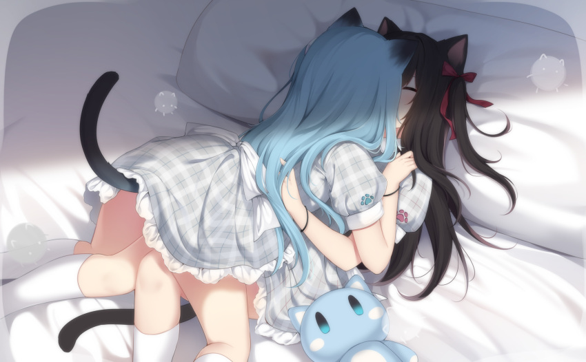 2girls amashiro_natsuki animal_ears black_ears black_hair blue_hair cat_ears cat_girl cat_tail highres kiss long_hair lying_on_another matsuri_(amashiro_natsuki) multiple_girls nekoha_shizuku original pillow puffy_short_sleeves puffy_sleeves short_sleeves tail yuri