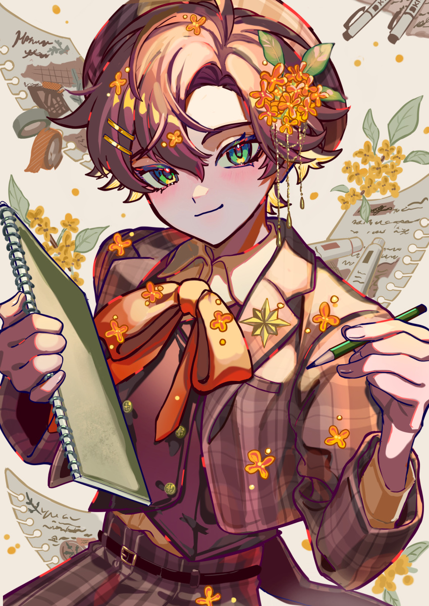 1boy absurdres ahoge blush bow bowtie brown_background brown_hair brown_headwear brown_jacket brown_pants brown_vest collared_shirt commentary_request cowboy_shot cropped_jacket flower gold_osmanthus green_eyes hair_flower hair_ornament haru4aki hat highres holding holding_pencil holding_sketchbook jacket leaf long_sleeves looking_at_viewer male_focus orange_bow orange_bowtie orange_flower original paint_tube pants paper parted_bangs pencil plaid plaid_jacket plaid_pants shirt simple_background sketchbook smile solo vest