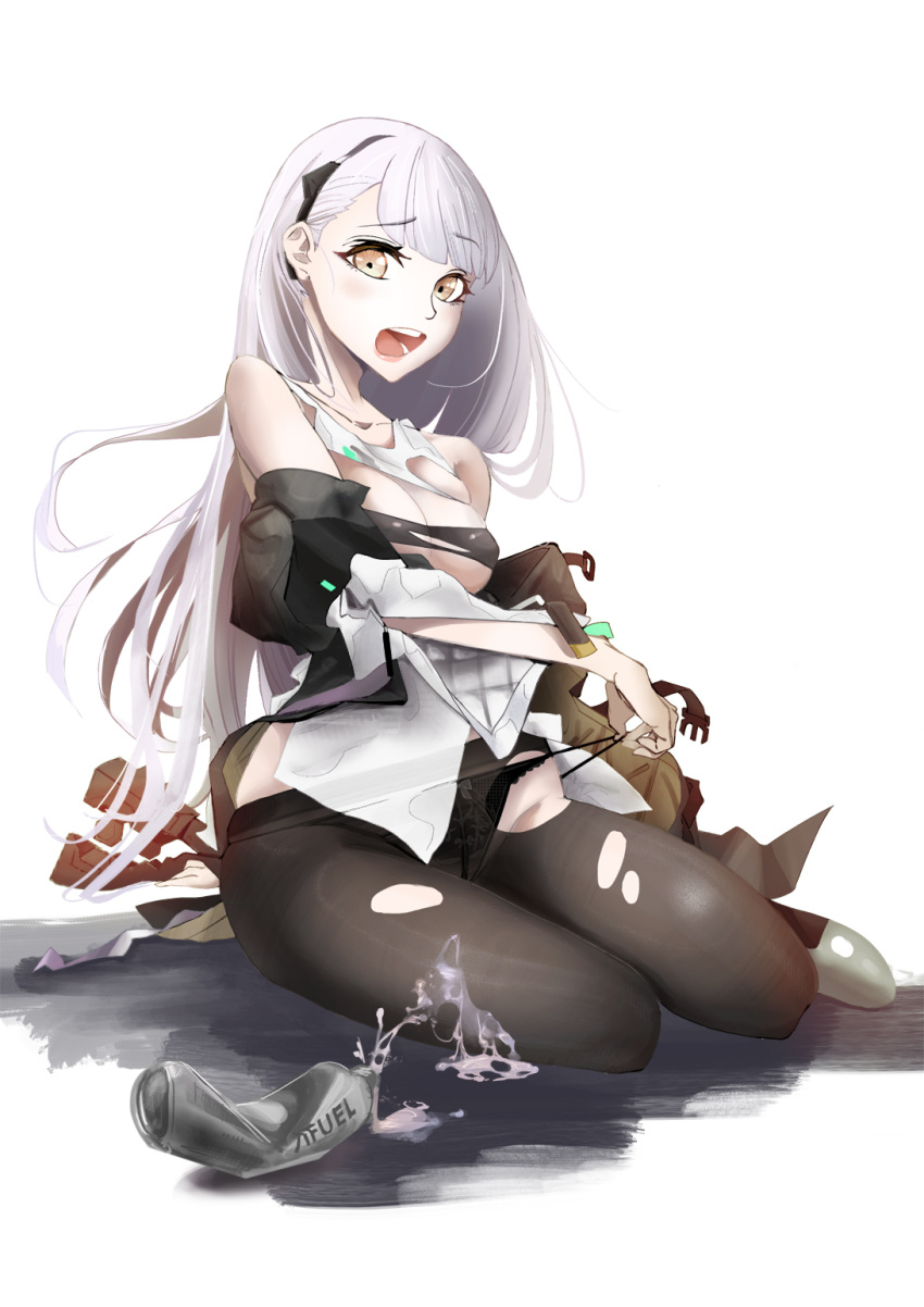 1girl ak-alfa_(girls'_frontline) black_jacket bottle breasts girls'_frontline headgear highres holding holding_clothes holding_panties holding_underwear jacket long_hair medium_breasts open_mouth orange_eyes panties pantyhose sitting string_panties torn_clothes torn_pantyhose underwear white_hair