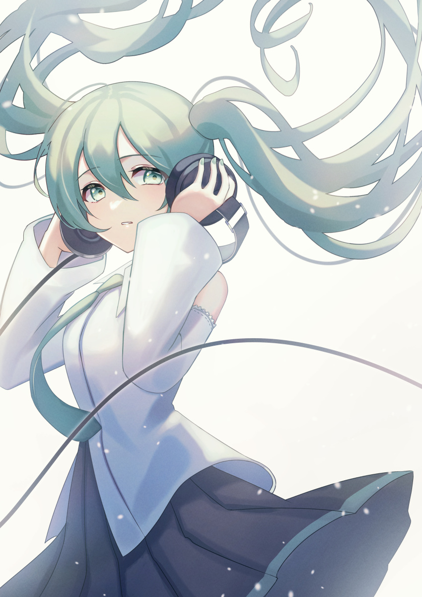 1girl absurdres blush cable detached_sleeves floating_hair green_eyes green_hair hands_on_headphones hatsune_miku headphones headphones_around_neck highres long_hair long_sleeves looking_at_viewer nail_polish necktie parted_lips pleated_skirt shirt skirt sleeveless sleeveless_shirt solo tsumurimai twintails very_long_hair vocaloid