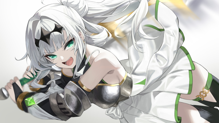 1girl armor black_thighhighs breastplate breasts bridal_gauntlets coeiroink commentary_request cut_bangs dutch_angle elbow_gloves gloves green_eyes grey_hair holding holding_weapon long_hair looking_at_viewer medium_breasts open_mouth solo thighhighs weapon white_background yappen