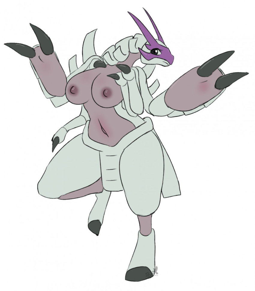 anthro areola big_breasts breasts brown_areola brown_nipples clothed clothing eyelashes female generation_7_pokemon golisopod grey_body grey_eyes hand_on_chest hi_res huge_breasts multi_arm multi_limb navel nintendo nipples pitch-black-crow plus_pupils pokemon pokemon_(species) pupils purple_body simple_background solo thick_thighs topless unusual_pupils white_background wide_hips