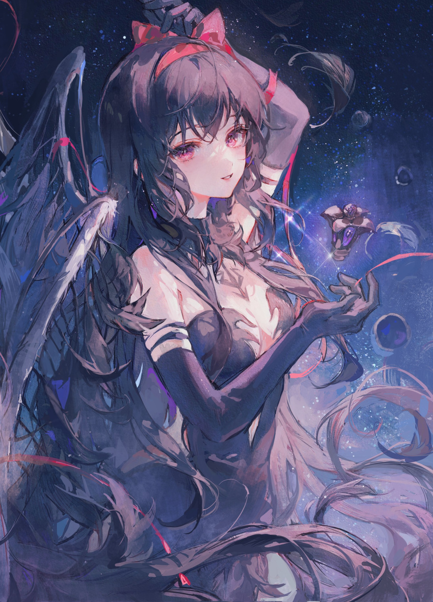 1girl absurdres bare_shoulders black_gloves black_wings breasts cleavage dress gloves highres large_breasts long_hair looking_at_viewer maccha_(mochancc) open_mouth original red_dress red_eyes red_ribbon ribbon smile solo strapless wings
