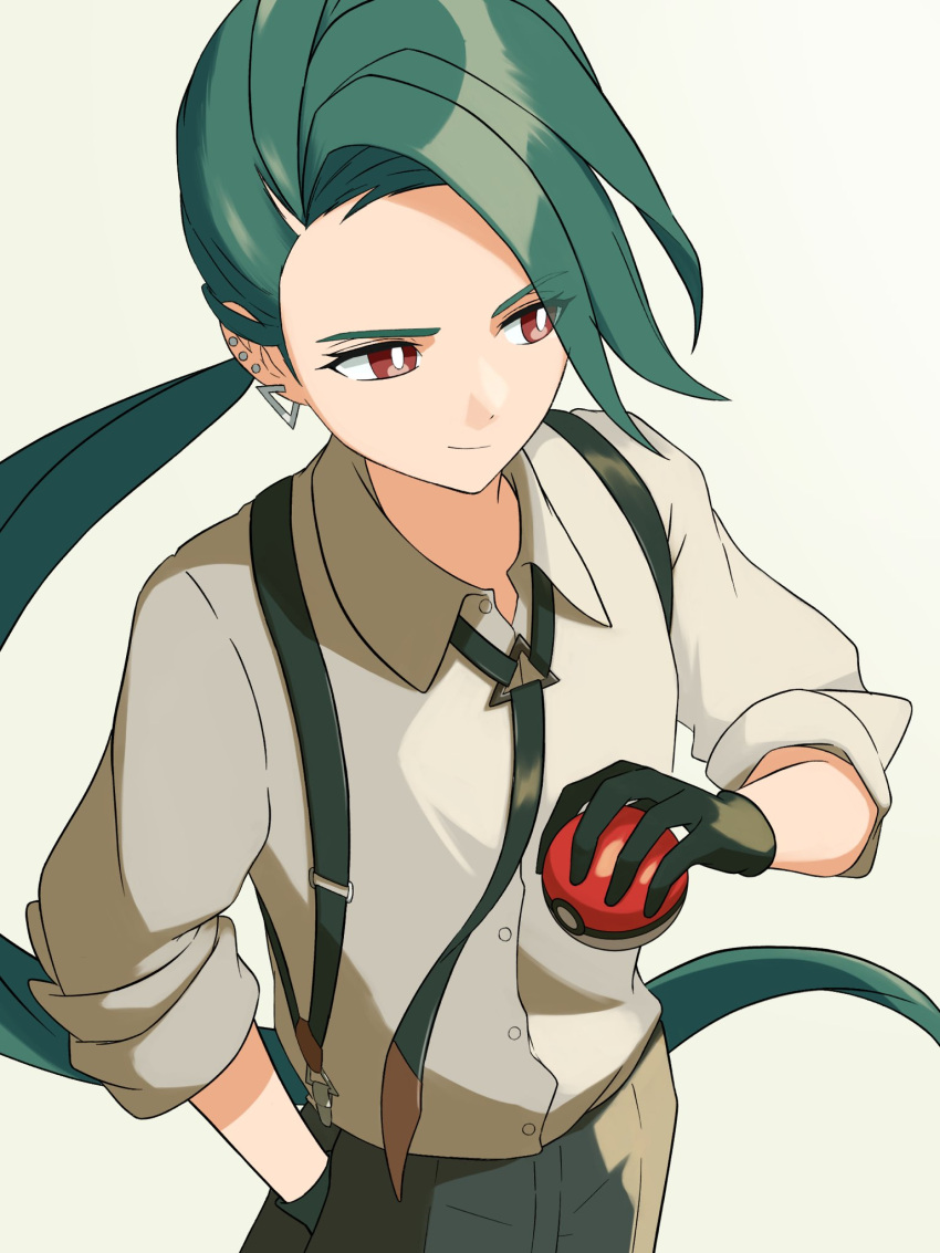 1girl asymmetrical_bangs black_gloves black_necktie black_pants bright_pupils collared_shirt ear_piercing earrings gloves green_hair grey_shirt highres holding holding_poke_ball jewelry long_hair mikan_(mikan_no_happa) necktie pants piercing poke_ball poke_ball_(basic) pokemon pokemon_sv ponytail red_eyes reverse_trap rika_(pokemon) shirt sleeves_past_elbows solo suspenders triangle_earrings white_pupils