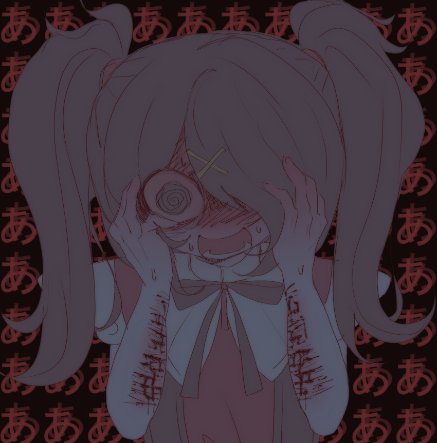 1girl @_@ ame-chan_(needy_girl_overdose) black_background black_eyes black_hair black_ribbon bleeding blood collared_shirt commentary_request cuts hair_ornament hair_over_one_eye hair_tie hands_on_own_face hands_up highres injury long_hair looking_at_viewer neck_ribbon needy_girl_overdose open_mouth q7g7q red_shirt ribbon screaming self-harm self-harm_scar shirt solo sweatdrop twintails upper_body wrist_cutting x_hair_ornament