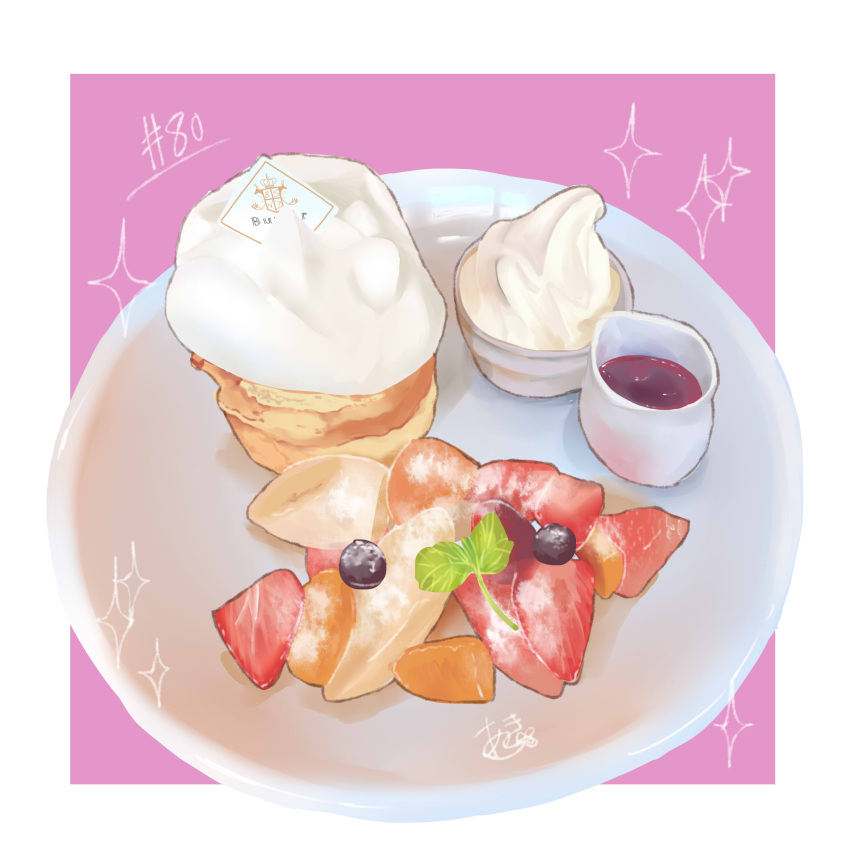 absurdres berry food food_focus fruit highres ice_cream icing no_humans original pastry plate sparkle still_life strawberry strawberry_slice takisou_sou