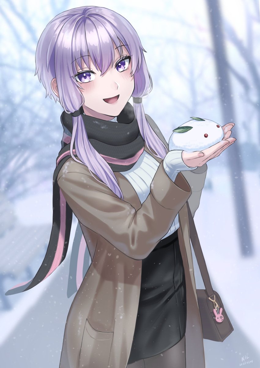 1girl absurdres bag bag_charm bare_tree blurry blurry_background blush charm_(object) coat highres holding long_sleeves looking_at_viewer nil_(pixiv_53614557) open_mouth outdoors pantyhose purple_eyes purple_hair scarf shirt_tucked_in short_hair_with_long_locks shoulder_bag skirt sleeves_past_wrists smile snow snow_rabbit snowing solo tree vocaloid voiceroid yuzuki_yukari