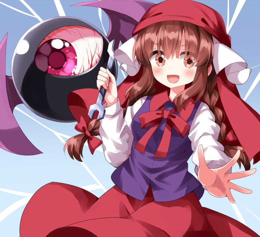 1girl bat_wings blue_background bow braid brown_eyes brown_hair commentary_request evil_eye_sigma gradient_background hair_bow highres holding holding_wrench long_sleeves looking_at_viewer purple_vest red_bow red_headwear red_skirt rika_(touhou) ruu_(tksymkw) skirt touhou touhou_(pc-98) twin_braids vest wings wrench