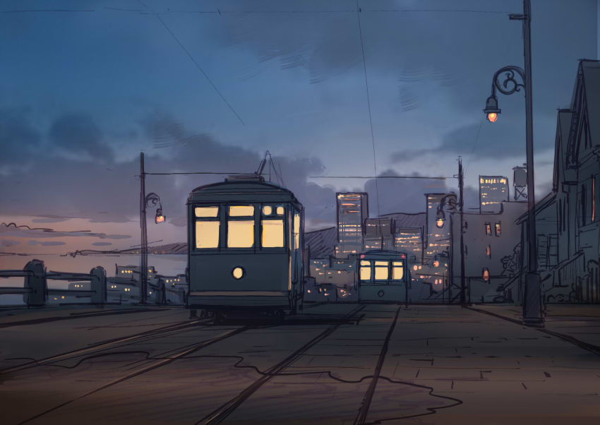 architecture building cable city cityscape cloud cloudy_sky dusk evening guard_rail house lamppost lights mountain no_humans original railroad_tracks road scenery seo_tatsuya sketch sky streetcar translation_request vehicle_focus