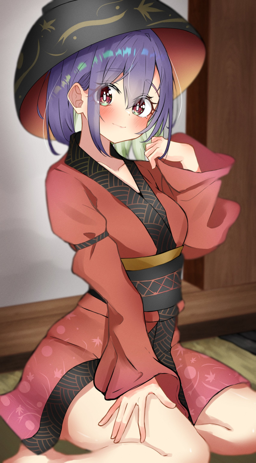 1girl absurdres aliz_wp514lov alternate_size blush bowl bowl_hat eyes_visible_through_hair feet_out_of_frame full_body hair_between_eyes hand_on_own_thigh hand_up hat highres indoors japanese_clothes kimono kneeling long_sleeves looking_at_viewer obi purple_hair red_eyes sash short_hair sidelocks smile sukuna_shinmyoumaru thighs touhou wide_sleeves