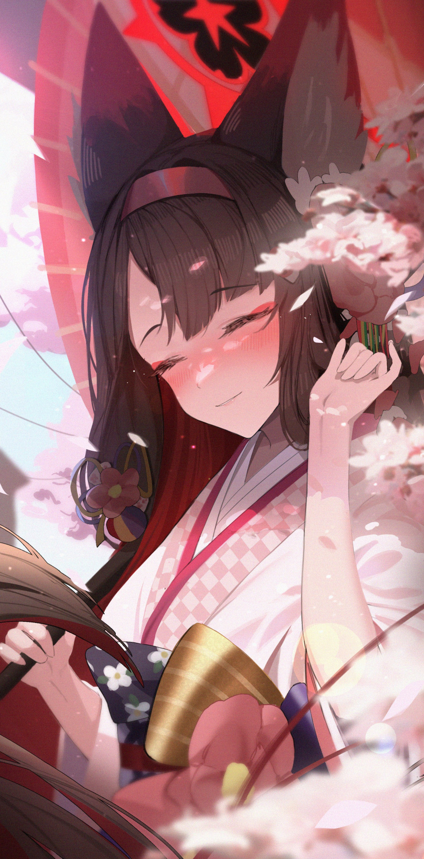 1girl absurdres animal_ears arm_up blonde_hair blue_archive blush brown_hair cherry_blossoms closed_eyes colored_inner_hair flower fox_ears fox_girl hair_flower hair_ornament halo headband highres japanese_clothes kimono kyudong. long_hair multicolored_hair parasol red_hair red_halo solo two-tone_hair umbrella wakamo_(blue_archive) white_flower white_kimono