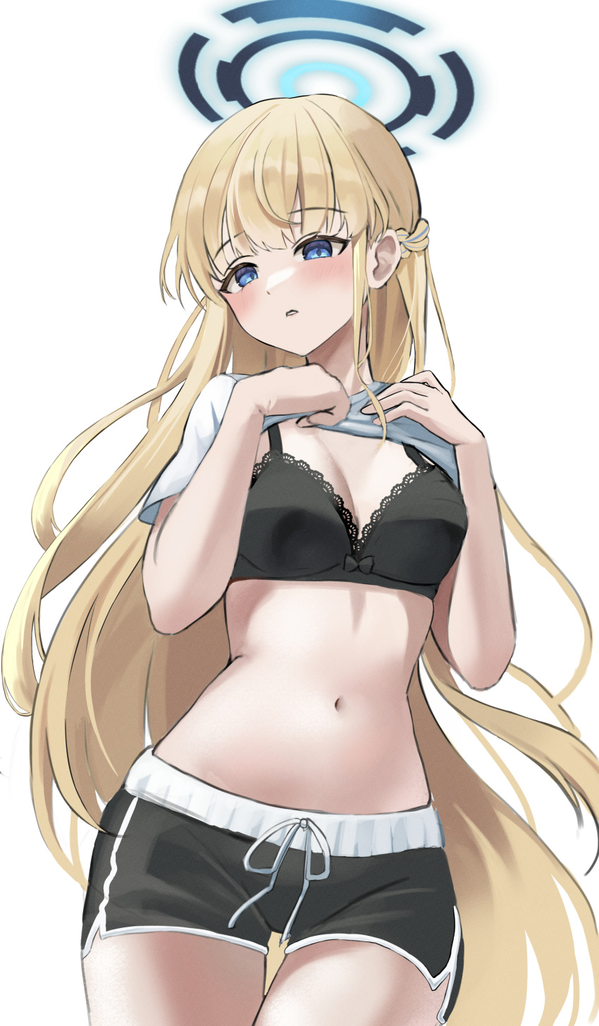 1girl absurdres black_bra black_shorts blonde_hair blue_archive blue_eyes blue_hair blue_halo bra braid breasts chie_(user_snfh8333) cowboy_shot dolphin_shorts halo highres long_hair medium_breasts multicolored_hair navel parted_lips shirt short_sleeves shorts simple_background solo streaked_hair toki_(blue_archive) underwear white_background white_shirt