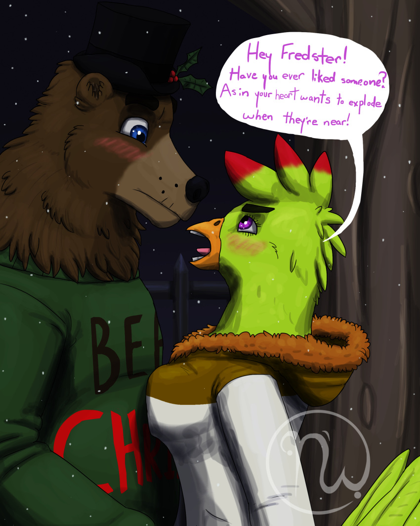 2018 absurd_res alternate_universe anthro artist_logo asking asking_another avian beak bear bird black_eyebrows black_nose blonde_hair blue_eyes blush breast_squish breasts brown_bear brown_body brown_fur cheek_tuft chica_(fnaf) chica_chiken chicken christmas christmas_clothing chubby_anthro chubby_male clothed clothing dialogue digital_drawing_(artwork) digital_media_(artwork) duo eye_contact eyebrows eyelashes facial_tuft feather_hair feathers female fence five_nights_at_freddy's fluffy fluffy_hood fredbear_college freddy_(fnaf) fur galliform gallus_(genus) green_clothing green_sweater green_topwear hair hat headgear headwear hi_res holidays holly_(plant) hooded_jacket humor interspecies jacket larger_male leaf logo looking_at_another male male/female mammal metal metal_fence multicolored_body multicolored_clothing multicolored_fur name_in_dialogue neck_tuft nervous nickname night open_mouth orange_beak outside phasianid pink_tongue plant pseudo_hair pun purple_eyes red_hair scottgames short_hair size_difference skywater slightly_chubby smaller_female snow snowflake snowing speech_bubble squish sweater tail tail_feathers talking_to_another teeth text text_on_clothing thick_eyebrows tongue toothed_beak top_hat topwear tree tuft ursine whiskers white_clothing white_jacket white_topwear yelling yellow_body yellow_feathers