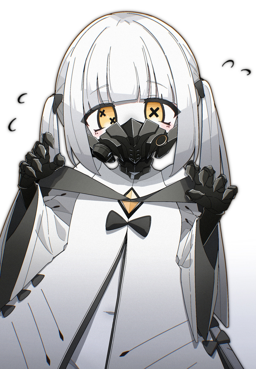 1girl absurdres black_mask blue_archive blush coat ein_(blue_archive) extra_pupils groin highres long_sleeves looking_at_viewer mask mechanical_hands medium_hair navel respirator solo symbol-shaped_pupils twintails veni_tsubaki white_coat white_hair wide_sleeves x-shaped_pupils yellow_eyes