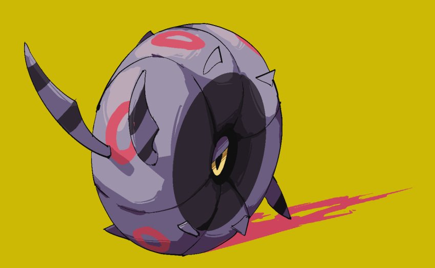 animal_focus black_sclera bug colored_sclera commentary full_body half-closed_eyes himurohiromu no_humans pokemon pokemon_(creature) rolling simple_background solo splatter whirlipede yellow_background yellow_eyes