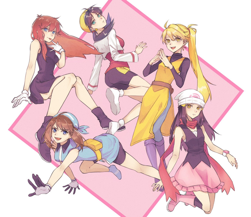 5girls :d ayan_ip bike_shorts blonde_hair blue_dress blue_eyes boots breasts brown_hair collared_dress commentary_request dawn_(pokemon) dress floating_hair gloves green_(pokemon) hand_up hat highres jacket kris_(pokemon) long_hair long_sleeves may_(pokemon) multiple_girls open_mouth pants pokemon pokemon_adventures ponytail purple_footwear red_shirt shirt shoes sleeveless sleeveless_dress smile steepled_fingers tongue tongue_out twintails white_footwear white_gloves white_jacket yellow_(pokemon) yellow_eyes yellow_headwear