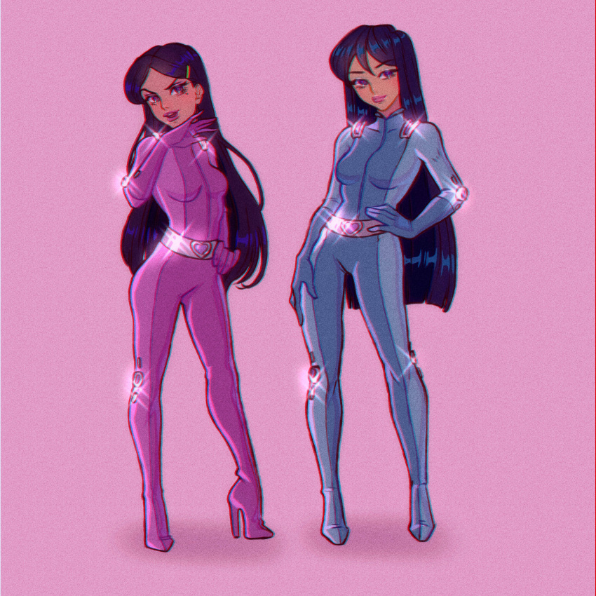 2girls absurdres belt black_hair blue_bodysuit bodysuit breasts britney_(totally_spies) catsuit closed_mouth commentary english_commentary full_body grey_belt grey_hair hair_ornament hairclip high_heels highres long_hair luverihu mandy_(totally_spies) medium_breasts metal_belt multiple_girls open_mouth pink_background purple_bodysuit purple_eyes smile teeth totally_spies upper_teeth_only very_long_hair whoop_catsuit