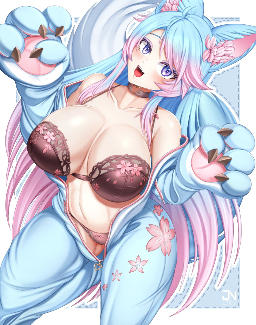 1girl animal_hands artist_name blue_hair bra breasts brown_bra choker collarbone fake_claws fang floral_print flower gradient_hair grey_choker hair_flower hair_ornament heart heart_choker highres indie_virtual_youtuber jnstudio large_breasts linea_alba long_hair multicolored_hair navel off_shoulder onesie open_mouth pink_flower pink_hair purple_eyes silvervale solo underwear unzipped virtual_youtuber zipper_pull_tab