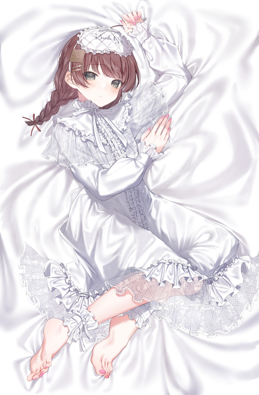 1girl absurdres arm_up barefoot blush book_hair_ornament braid brown_hair frilled_pajamas hair_ornament hairclip highres indie_virtual_youtuber kanae_(inorin05kanae) long_sleeves looking_at_viewer lying medium_hair on_side pajamas pink_nails single_ankle_cuff sleep_mask solo twintails under_covers virtual_youtuber white_pajamas yomiyama_humino