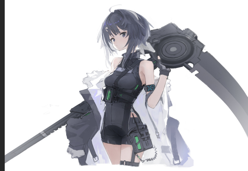 1girl arknights astg black_gloves black_hair black_jacket black_shorts breasts closed_mouth cropped_legs feather_hair fingerless_gloves fur-trimmed_jacket fur_trim gloves grey_hair infection_monitor_(arknights) jacket la_pluma_(arknights) looking_at_viewer medium_breasts multicolored_hair scythe short_hair short_shorts shorts simple_background sleeveless solo thigh_strap weapon white_background