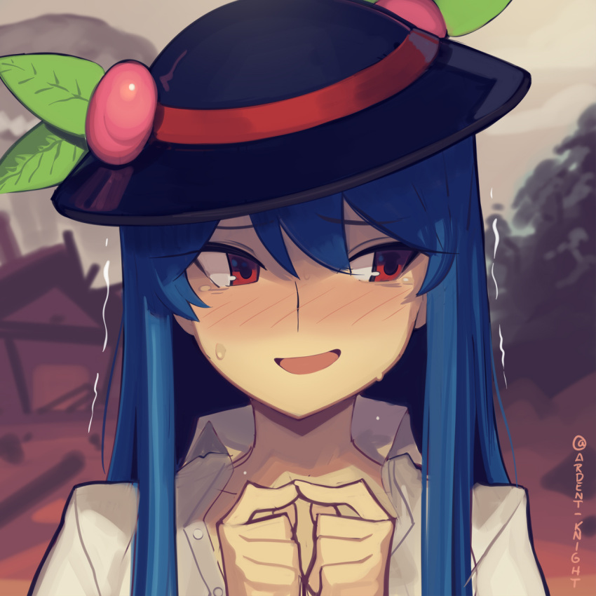 1girl blue_hair blush boa_(brianoa) food fruit fruit_hat_ornament hair_ornament hat highres hinanawi_tenshi leaf leaf_hair_ornament long_hair nervous nervous_smile peach peach_hat_ornament portrait red_eyes scared smile solo touhou trembling twitter username