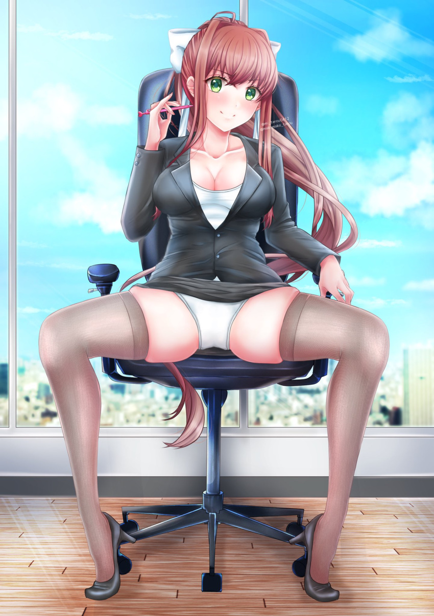 1girl black_footwear blue_sky bow breasts brown_hair business_suit chair cloud commentary_request commission doki_doki_literature_club english_commentary green_eyes hair_bow high_heels highres indoors looking_at_viewer medium_breasts mi_tarou0412 mixed-language_commentary monika_(doki_doki_literature_club) office_chair pen ponytail sitting sky solo suit swivel_chair white_bow