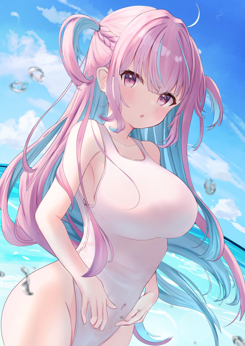 1girl :o absurdres ahoge bare_arms bare_shoulders blue_hair blue_sky blush braid breasts bubble cloud colored_inner_hair commentary_request competition_swimsuit covered_navel day dutch_angle floating_hair groin highleg highleg_swimsuit highres hololive impossible_clothes impossible_swimsuit kagura_nagi large_breasts long_hair looking_at_viewer minato_aqua multicolored_hair ocean one-piece_swimsuit outdoors parted_lips purple_eyes purple_hair sky solo streaked_hair swimsuit two-tone_hair two_side_up very_long_hair virtual_youtuber water white_one-piece_swimsuit